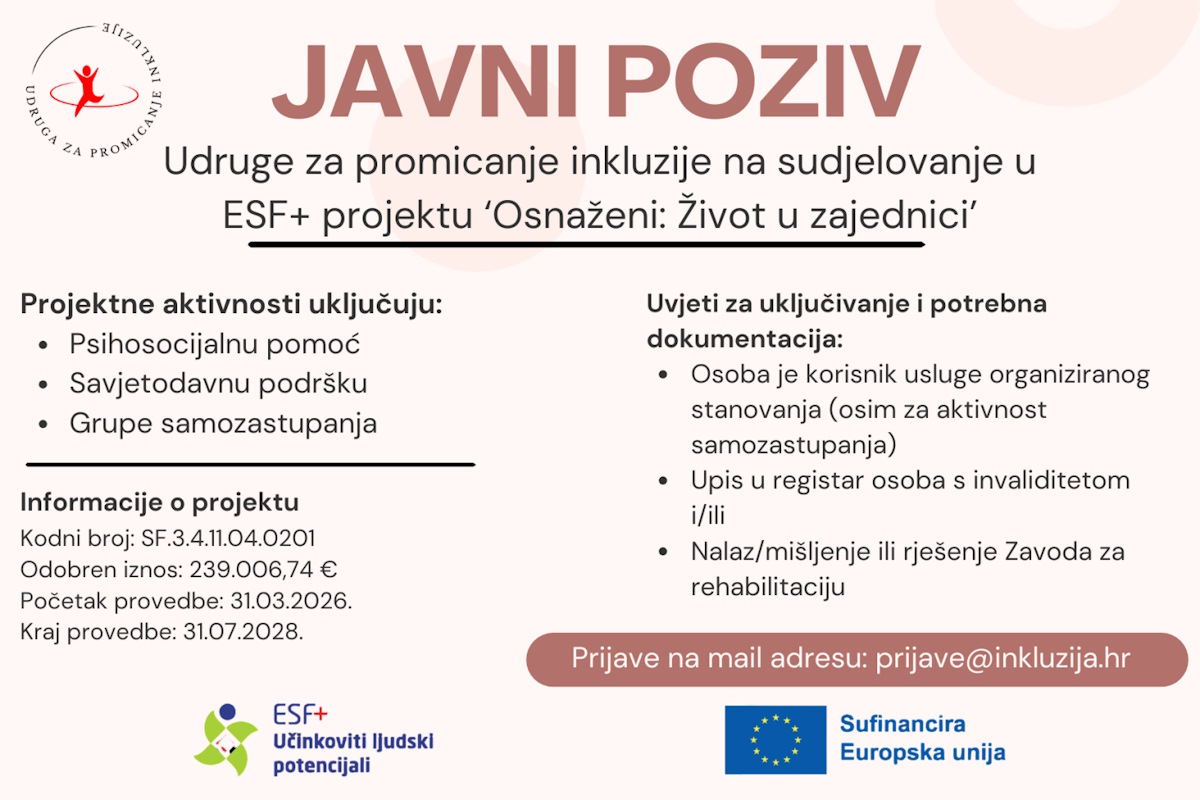 Javni poziv za uključivanje i sudjelovanje u projektu Osnaženi – Život u zajednici